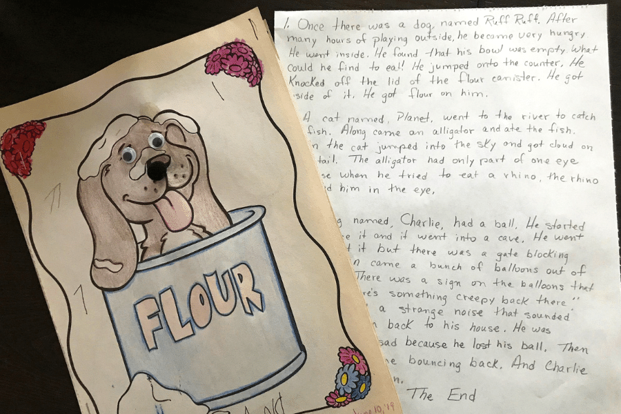 Kid's coloring book pages with dog in flour and made-up story. 